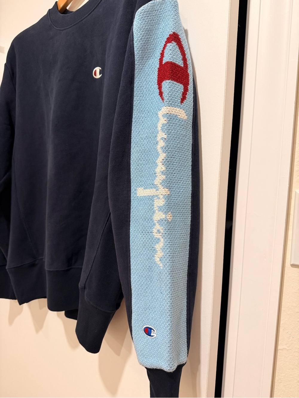 Vintage Champion Navy Crewneck Sweater with Light Blue sweater sleeve medium